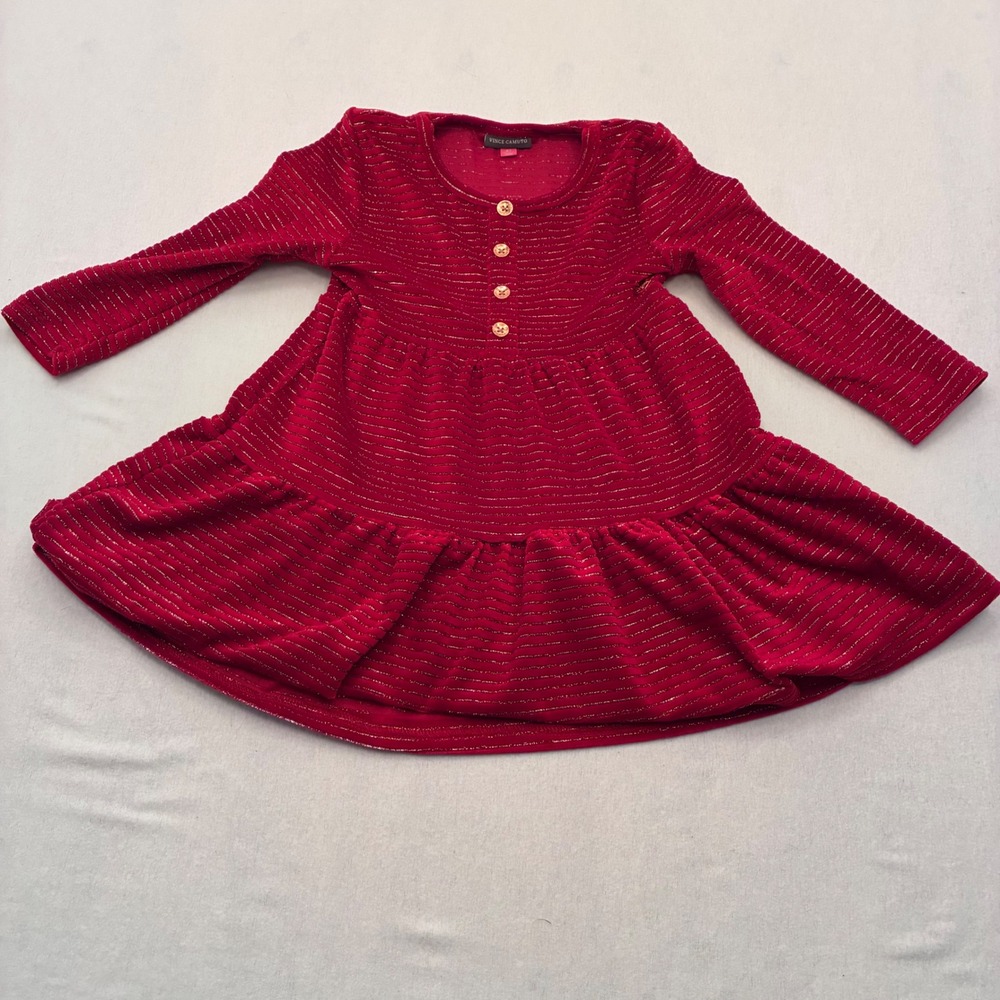Vince Camuto Girls Red Metallic Striped Ribbed Velvet Tiered Dress 4T Holiday